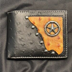 Western Black Ostrich Skin Wallet With Star Emblem Bi Fold With ID Window